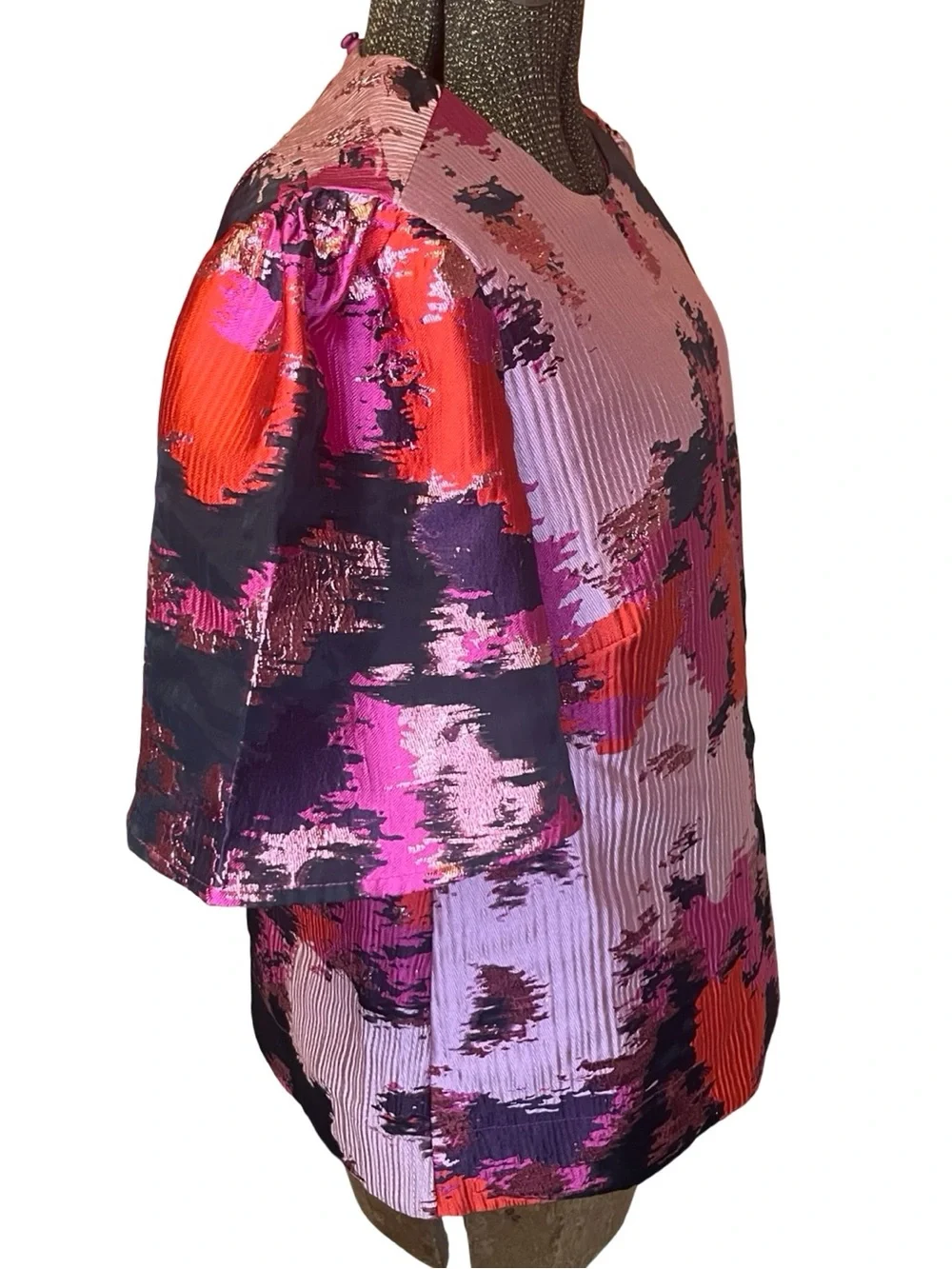 Tuckernuck Pomander Place Lyla Jacquard Puff Sleeve Blouse Pink Red Lurex S